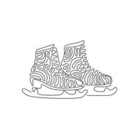 Single continuous line drawing pair of figure skates. White women Ice skates. Freezing winter day. Ice skating outdoor activities with family. Swirl curl style. one line draw graphic design vector