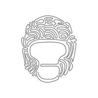 Single one line drawing boxing helmet flat symbol front view. Protection black gym hat. Uniform man mask sport icon. Swirl curl style. Modern continuous line draw design graphic vector illustration