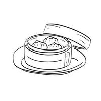 bola de masa china en una caja de vapor de bambú ilustración vectorial dibujada a mano aislada en el arte de línea de fondo blanco. vector