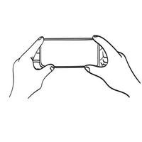 closeup hand holding smartphone with blank screen illustration vector hand drawn isolated on white background line art.