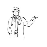 médico masculino que presenta algo en el vector de ilustración de copyspace dibujado a mano aislado en el arte de línea de fondo blanco.