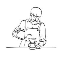 Professional man barista is making drip brewing illustration vector hand drawn isolated on white background line art.