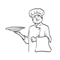 la mitad de la longitud del chef masculino o el camarero sosteniendo la placa ilustración vector dibujado a mano aislado en el arte de línea de fondo blanco.