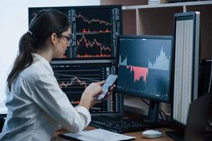 Girl checks new information. Woman working online in the office with multiple computer screens in index charts photo