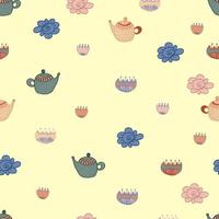 tea seamless pattern with flowers and dots. Vector isolated multicolored cartoon illustration