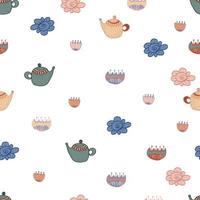 tea seamless pattern with flowers and dots. Vector isolated multicolored cartoon illustration