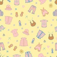 Baby related seamless pattern in pink colors. Vector isolated cartoon illustration