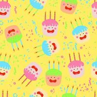 cute kawaii cakes with candles isolated quirky characters with face eyes cheeks and smile vector seamless pattern with confetti