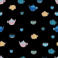 tea seamless pattern with flowers and dots. Vector isolated multicolored cartoon illustration