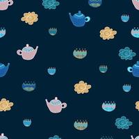 tea seamless pattern with flowers and dots. Vector isolated multicolored cartoon illustration