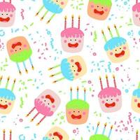 cute kawaii cakes with candles isolated quirky characters with face eyes cheeks and smile vector seamless pattern with confetti