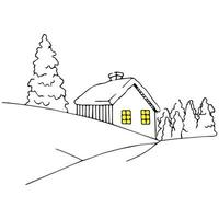 house in the forest with light in the windows isolated vector hand drawn sketch