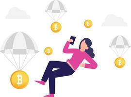 la chica está trabajando en bitcoin. vector