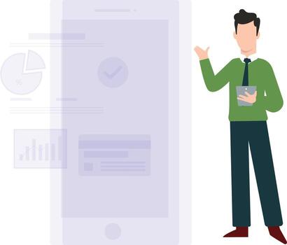 The boy stands with the chart graph. vector