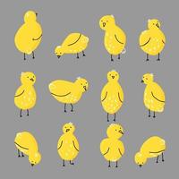 set of cute simple yellow chicks in different poses isolated vector hand drawing