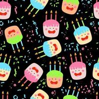 cute kawaii cakes with candles isolated quirky characters with face eyes cheeks and smile vector seamless pattern with confetti