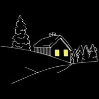 casa en el bosque con luz en las ventanas boceto dibujado a mano vectorial aislado vector