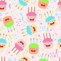 cute kawaii cakes with candles isolated quirky characters with face eyes cheeks and smile vector seamless pattern with confetti