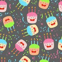 cute kawaii cakes with candles isolated quirky characters with face eyes cheeks and smile vector seamless pattern with confetti