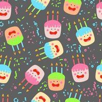 cute kawaii cakes with candles isolated quirky characters with face eyes cheeks and smile vector seamless pattern with confetti