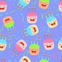 cute kawaii cakes with candles isolated quirky characters with face eyes cheeks and smile vector seamless pattern with confetti