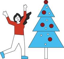 The girl is standing with christmas tree. vector