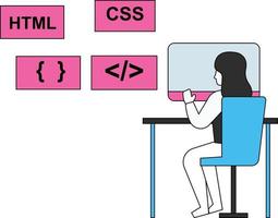 la niña está trabajando en codificaciones, html, css. vector