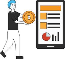 The boy is standing with a bitcoin. vector