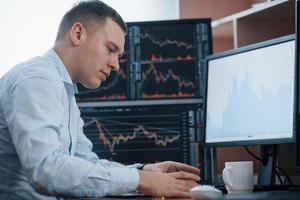 Man working online in the office with multiple computer screens in index charts photo