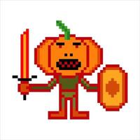 Pumpkin warrior pixel art. Vector illustration.