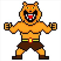 Tiger cartoon Fighter warrior with pixel art. Vector illustration.