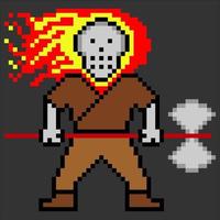 Fighting warrior with fire skull head in pixel art. Vector illustrations.
