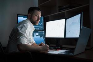 Looks at the laptop. Bearded man in white shirt works in the office with multiple computer screens in index charts photo