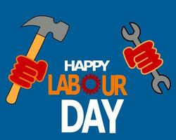 Labour Day Vector Poster, with  strong red fist on blue background. workers day poster.