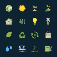 iconos de medio ambiente y ecología con fondo negro vector