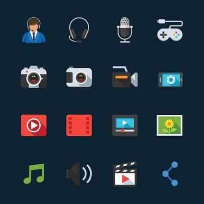 Multimedia and Entertainment Icons with Black Background