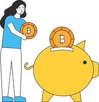 The girl is putting bitcoins in the piggy bank. vector