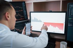 Checks promised results. Man working online in the office with multiple computer screens in index charts photo