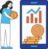 The girl is inserting a dollar coin in her mobile phone. vector