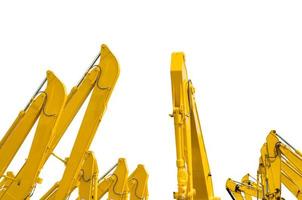 Yellow backhoe with hydraulic piston arm isolated on white. Heavy machine for excavation in construction site. Hydraulic machinery. Huge bulldozer. Heavy machine industry. Mechanical engineering. photo