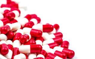 Selective focus of antibiotic capsules pills on blur background with copy space. Drug resistance concept. Antibiotics drug use with reasonable and global healthcare concept. photo