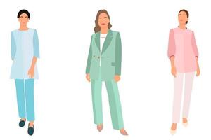 Set of a slender girl in a business suit standing. Adult model. Isometric flat style. vector