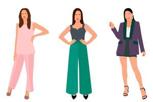 Set of a slender girl in a business suit standing. Adult model. Isometric flat style. vector