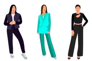 Set of a slender girl in a business suit standing. Adult model. Isometric flat style. vector