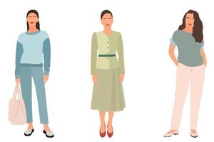 Set of a slender girl in a business suit standing. Adult model. Isometric flat style. vector