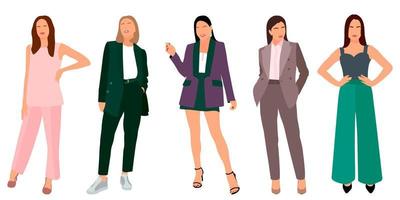 Set of a slender girl in a business suit standing. Adult model. Vector isolated