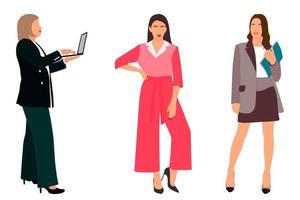 Set of a slender girl in a business suit standing. Adult model. Isometric flat style. vector