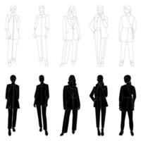 A set of sketches of the outlines of the silhouettes of a girl in a fashionable suit standing. Doodle black and white line drawing. vector
