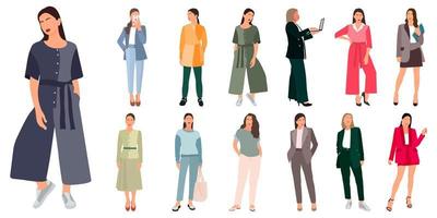Set of a slender girl in a business suit standing. Adult model. Vector isolated