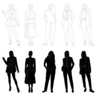 A set of sketches of the outlines of the silhouettes of a girl in a fashionable suit standing. Doodle black and white line drawing. vector